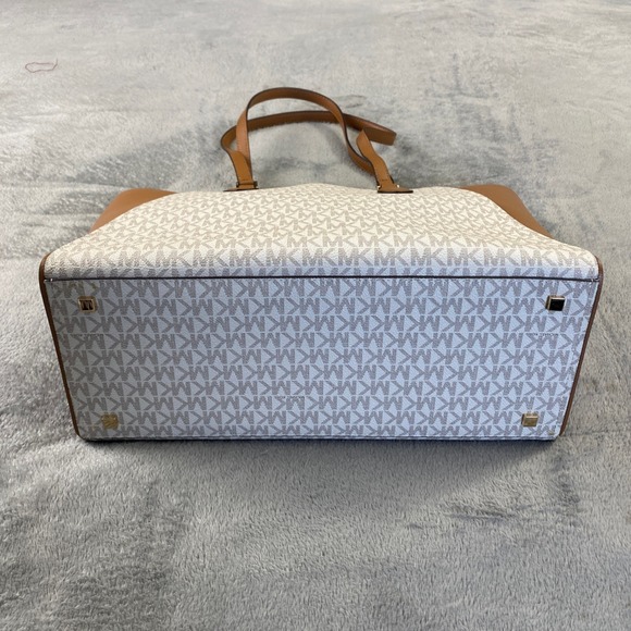Michael Kors Tote Bag Women Large White Tan MK Monogram Signature  Zip Bag - Picture 4 of 11